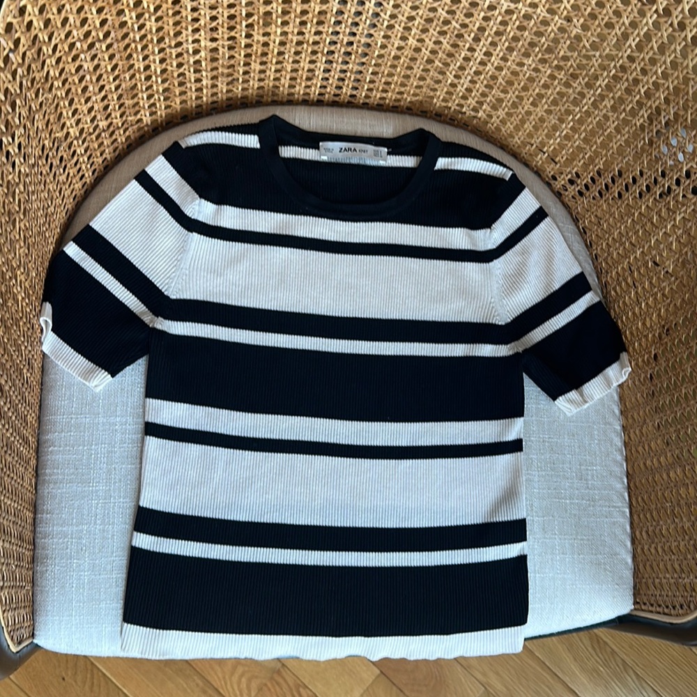 Zara Black & White Striped Cropped Tee
